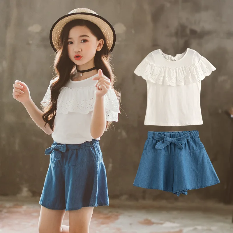 

2019 summer new girlsclothes sets children solid color tops denim shorts two-piece 9548