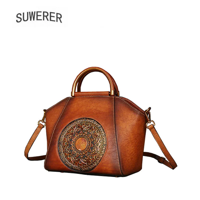 

SUWERER 2018 New Genuine Leather women bags luxury leather shoulder bag top Cowhide Retro embossing women famous brands bag