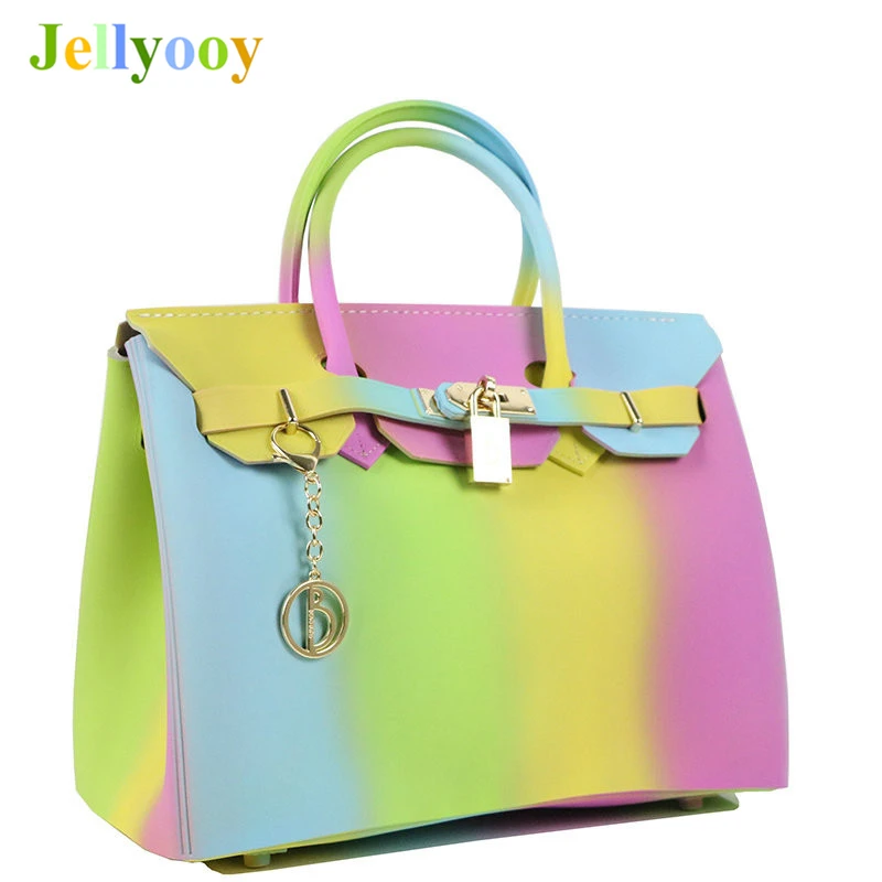 

2018 New Luxury Fashion Women's Padlock Flap Handbag Matte Rainbow Color Candy Bag PVC Jelly Handbags Large Capacity Casual Tote