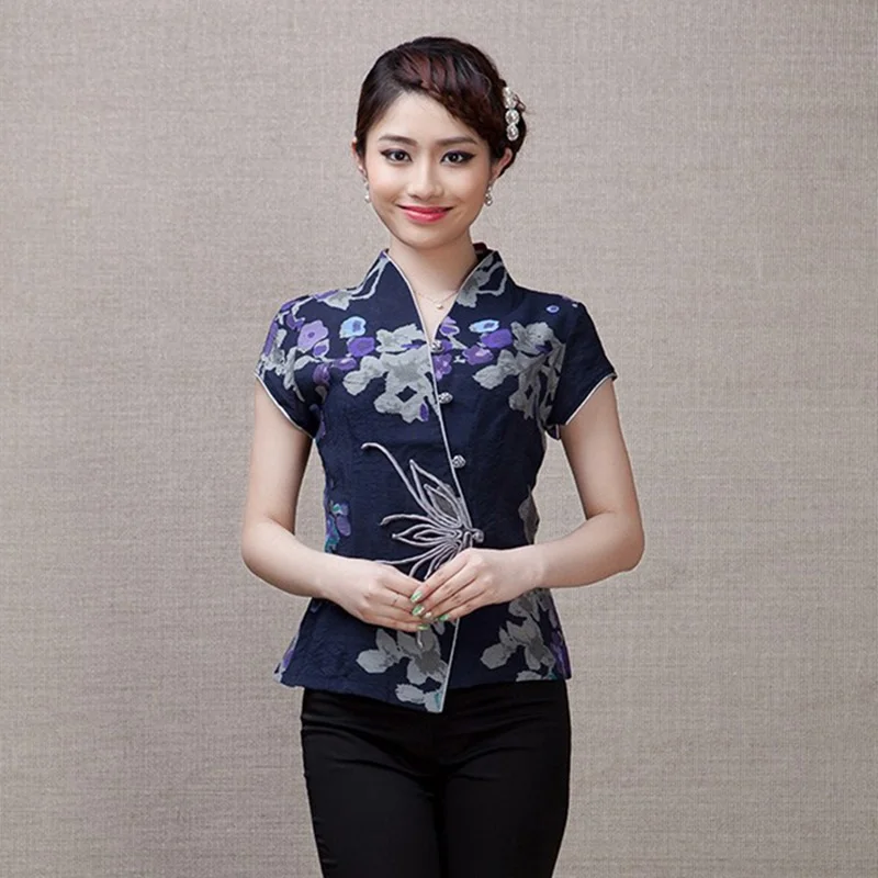 Китайские Топы Cheongsam для женщин летняя одежда Шанхай Тан Женская винтажная фольклорная рубашка женские китайские Топы TA1606 - Цвет: 1