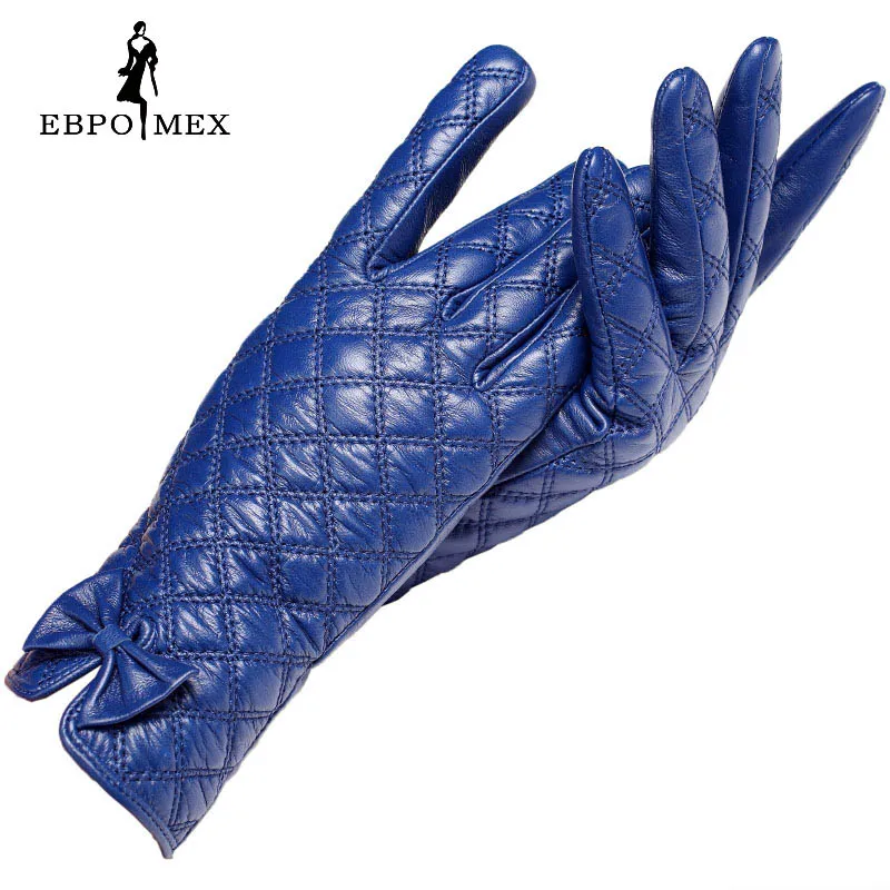 Кремово-белые кожаные женские перчатки, цветочные, натуральная кожа, серые клетчатые кожаные перчатки, кожаные перчатки для женщин, женские перчатки - Цвет: blue