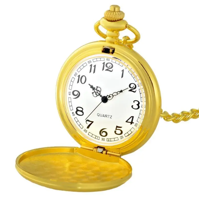 Золотые глянцевые гладкие карманные часы Полный Охотник кварцевые выгравированы Fob ретро кулон карманные часы цепи подарок