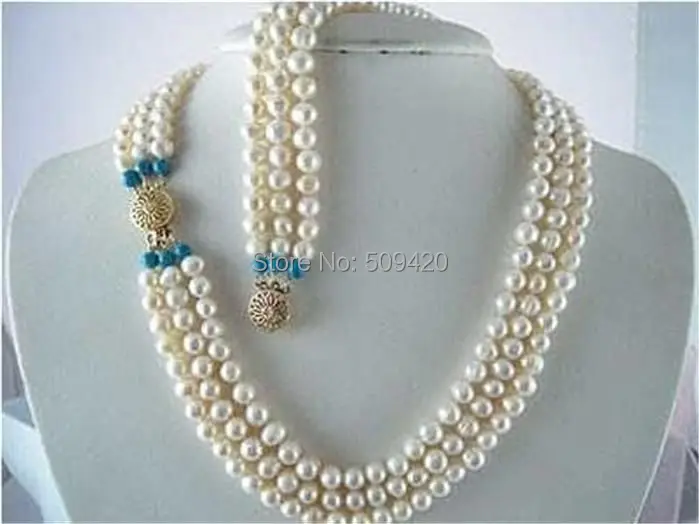 

Free Shipping >>>>7-8MM 3 row WHITE FW PEARL NECKLACE +BRACELET SET