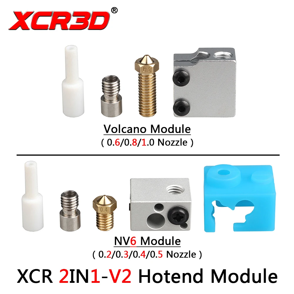 

XCR 2IN1-V2 Hotend Module Volcano Heating Block with Silicone sock Throat NV6 Nozzle Kit 0.2-1.0/1.75mm 3D Printer Accessories