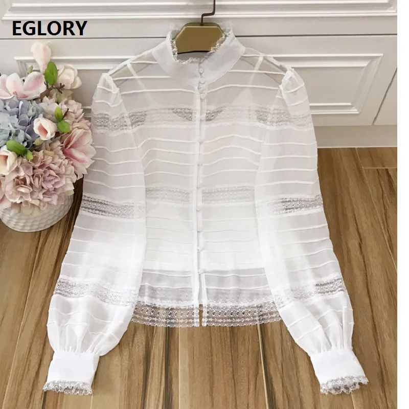 

High Quality Brand White Blouse Women Hollow Out Lace Patchwork Long Sleeve Vintage Button Shirt Blouse Female Tops Blusa 2019
