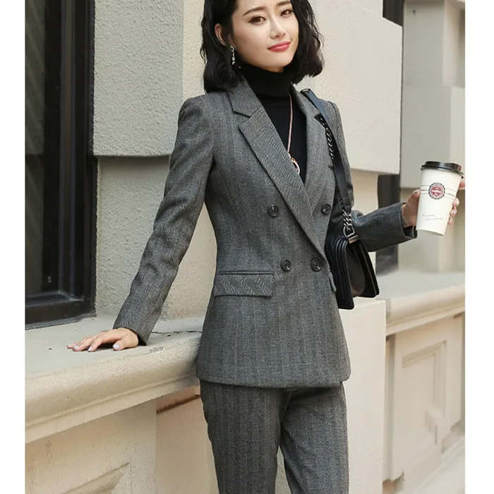 Расклешенные брючный костюм женщина 4XL плюс размеры шт. 2 шт. серый полосатый Блейзер Куртка + длинные брюки офисные форма для женщин Fmasuth 881858