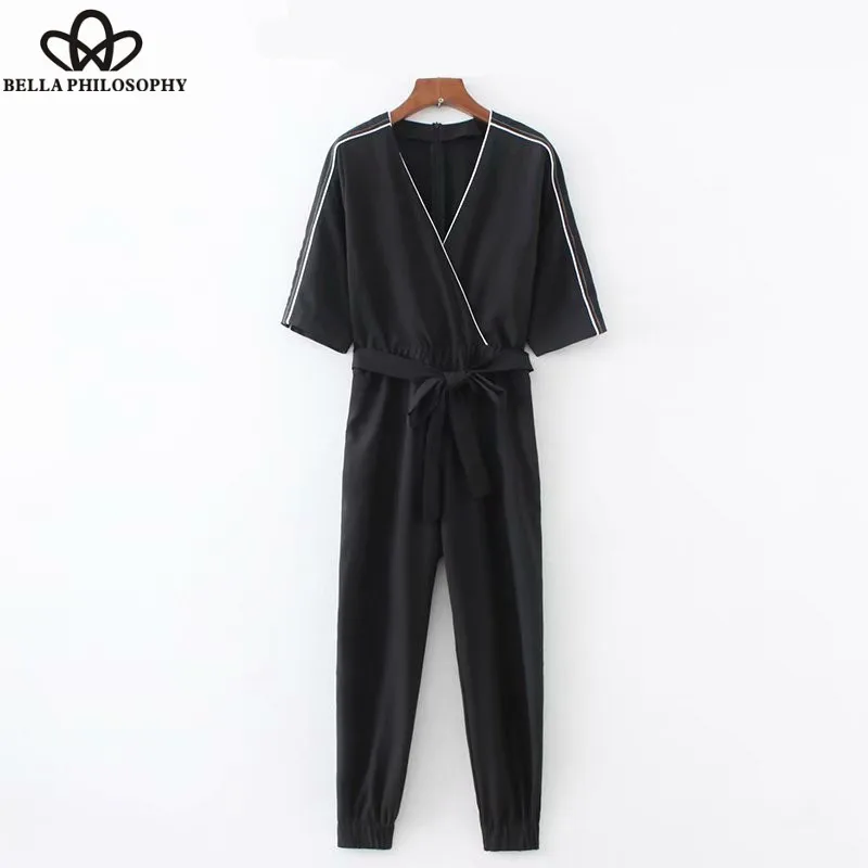 Wonder 2018 autumn vintage v neck three quarter sleeve siamese bow tied sashes jumpsuits hit color casual slim overalls trousers