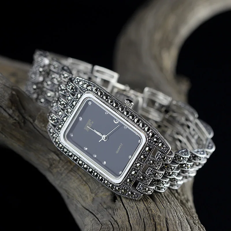 S925 pure silver jewelry Thailand delicateness craft Thai silver square lady Bracelet Watch
