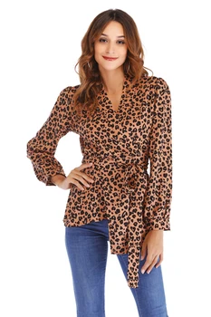 

New 2018 Autumn Fashion Leopard Pirnt Plus Size Women T-shirts Linen Tunic Shirt V Neck Big Bow Batwing Tie Loose Ladies Tee Top