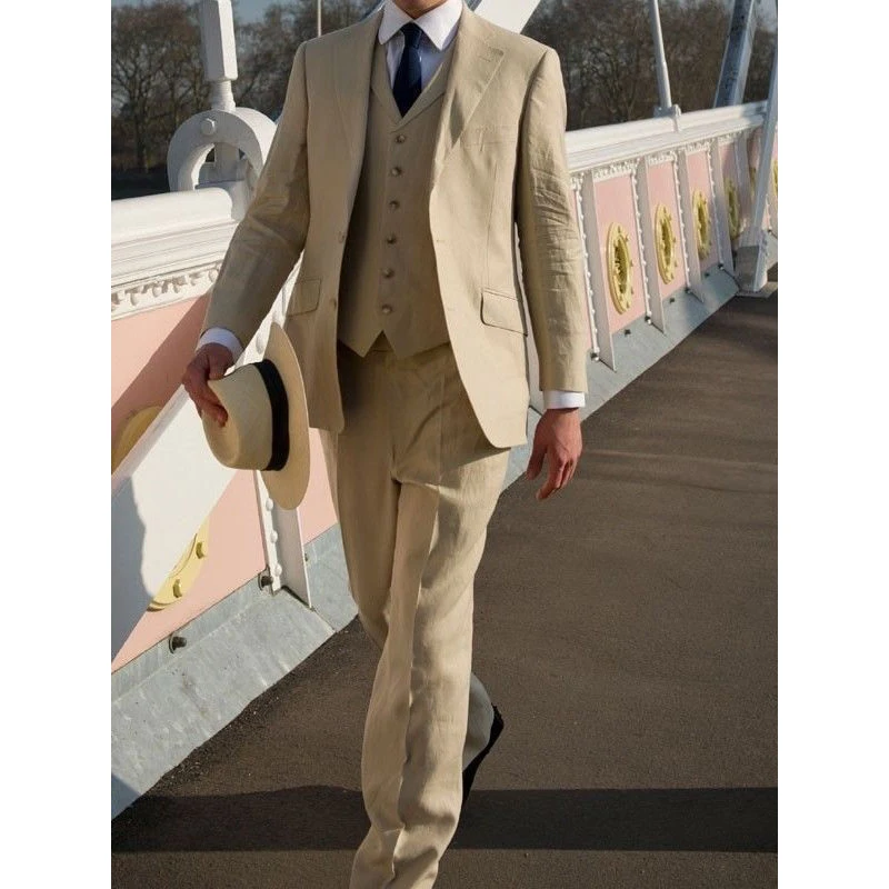 

2017 Latest bruiloft men Beige Linen Suit Summer Beach Slim Fit 3 Piece Groom Tuxedo Custom Blazer Prom mens suits Masculino