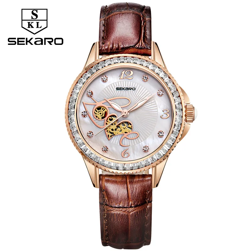 SEKARO женские Стразы керамические часы Любовь дизайн часы женские наручные часы лучший бренд класса люкс Женские часы подарок Relogio Feminino - Цвет: Brown belt