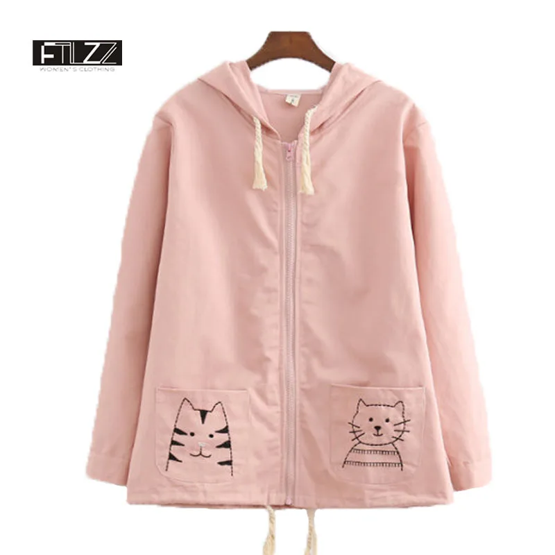 

Spring Autumn Embroidery Jackets Womens 2018 New Casual Hooded Harajuku Coats Female Fashion Kitty Ladies Outerwear Windbreaker