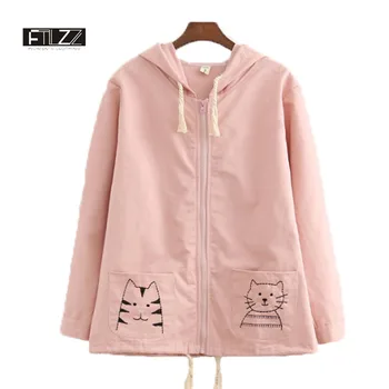 

Spring Autumn Embroidery Jackets Womens 2018 New Casual Hooded Harajuku Coats Female Fashion Kitty Ladies Outerwear Windbreaker