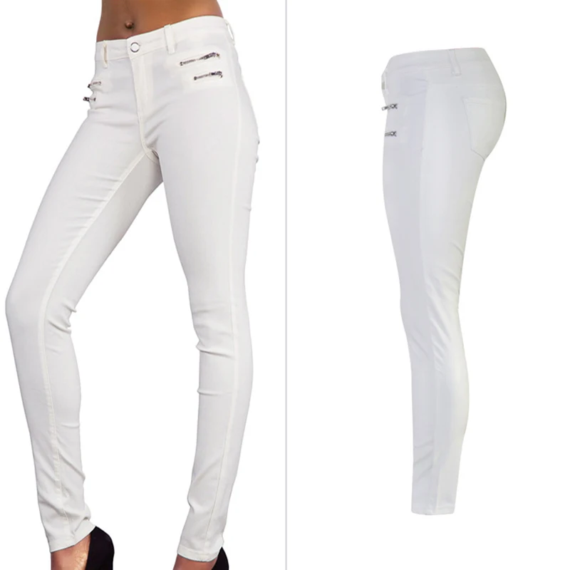 Kopen Cbucyi Mode Vrouwen Lage Taille Stretch Broek Dubbele Rits Pu Gecoat Kunstleer Moto Biker Broek Vrouwelijke Slanke Witte Denim broek