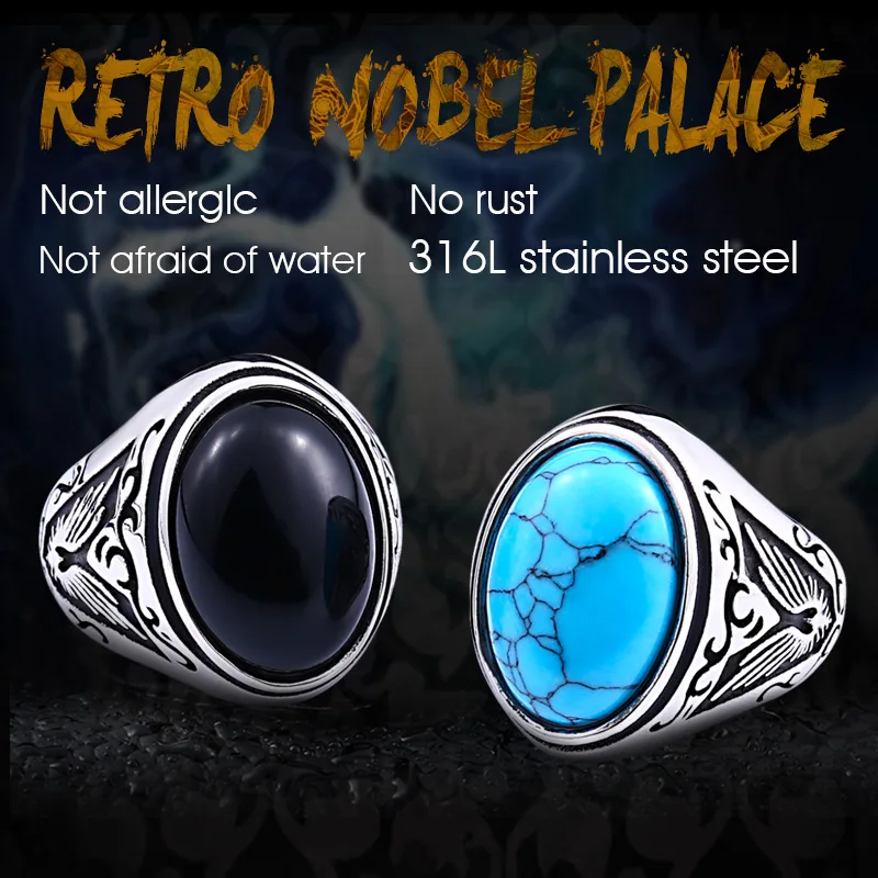 Beier 316L Stainless Steel Natural Oval Opal Green Stone Ring Vintage Nobel Palace Product For Woman Man LR633 - Image 3