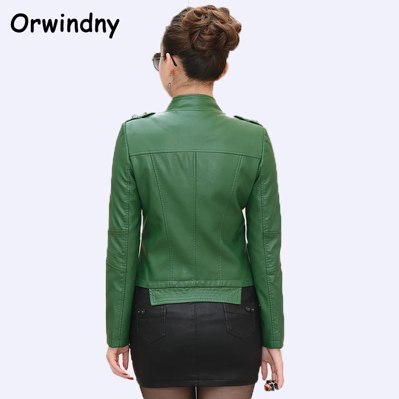 Orwindny Fashion Women Leather Jacket 2018 Spring Autumn PU Motorcycle Clothing Green Leather Coat Plus Size 4XL Rivet Tops Wear