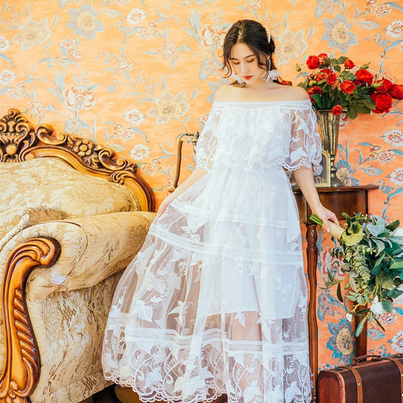 

2019 Summer Mesh 2 Pieces Dresses Women Sexy Slash Neck Short Sleeve Sundress Lace Hollow Out Beach Party Dress Vestido