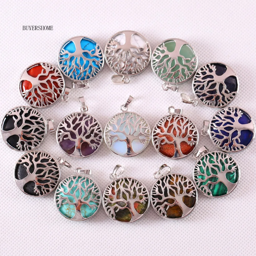 Silver Color Tree of life Round Necklace Pendant 25MM Natural Stone Onyx Lapis Tiger's Eye Malachite Howlite Crystal 10Pcs | Украшения