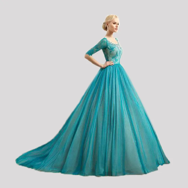 Nouvelle arrivée 2016 Scoop décolleté demi,manches en dentelle Turquoise Tulle robes de mariée Lace