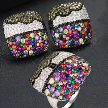 

GODKI Luxury Charms Multicolor Crystal Square Statement Ring Earring Set Full Cubic Zircon Women Fashion Jewelry Sets 2019