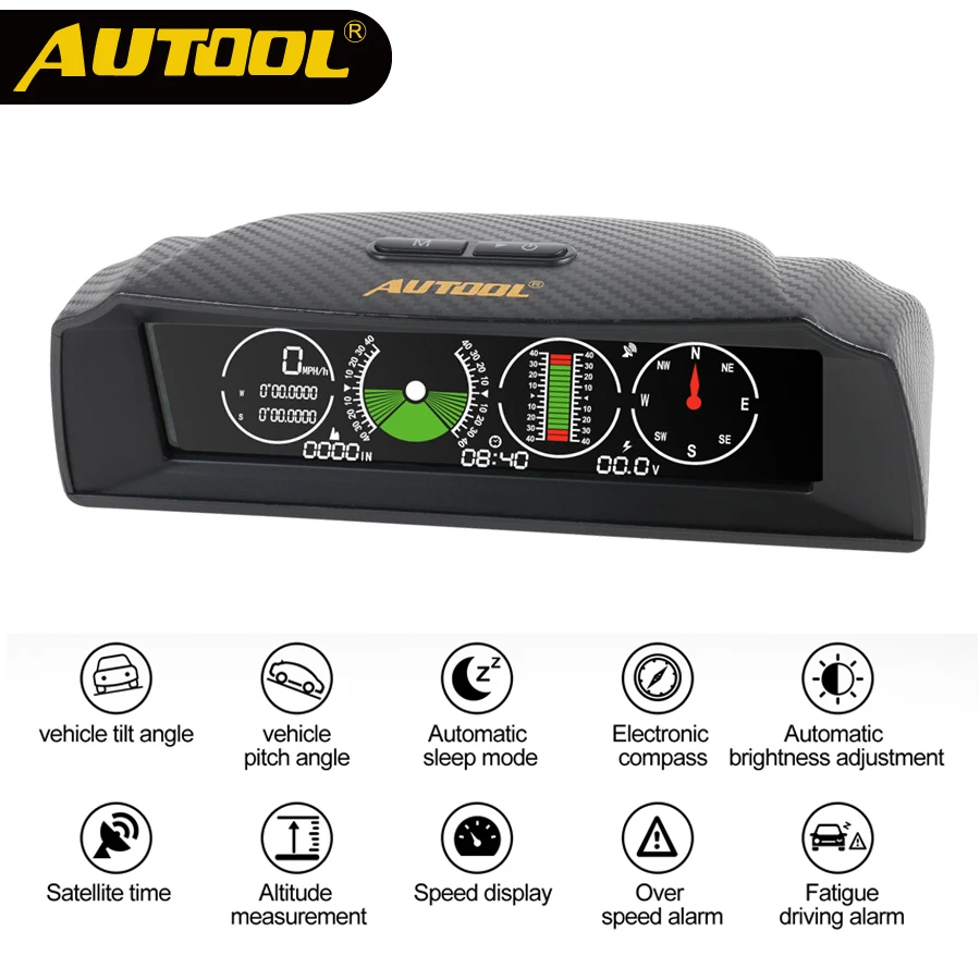 AUTOOL X90 GPS Speed PMH KMH Slope Meter Inclinometer Car Compass Autos HUD Pitch Tilt Angle Protractor Clock Latitude Longitude