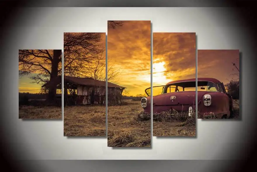 Framed Printed abandoned car rusty sliders Painting on