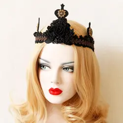 Готический queen Косплэй черный властная розы Большой Корона Для женщин Hairbands цветы повязки резинки для волос взрослых аксессуары