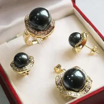 

Gorgeous AAA + + + Black Shell Pearl Necklace Earrings Ring Sets 2017 watch Quartz stone CZ crystal