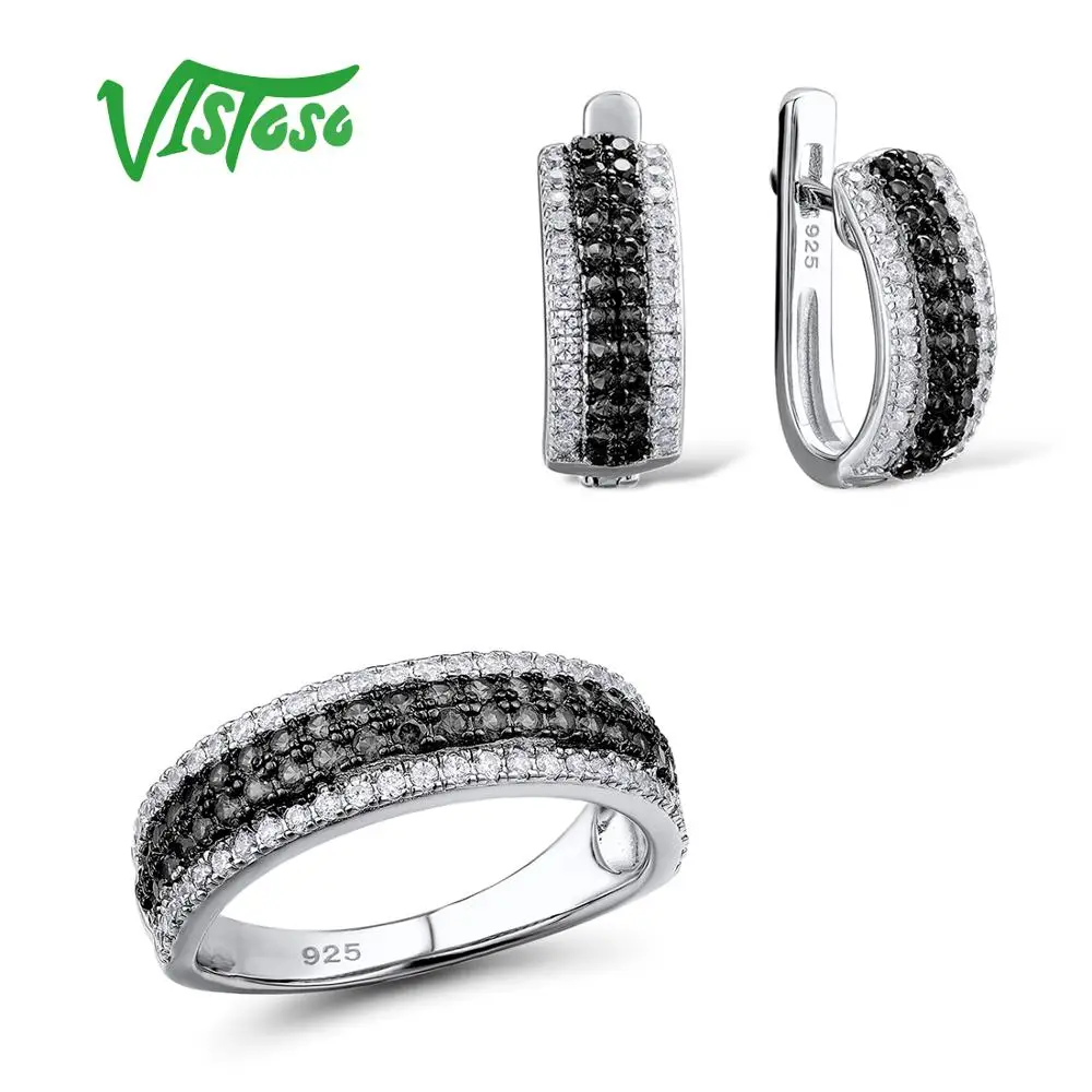 

VISTOSO Jewelry Sets For Woman Black spinels White CZ Stones Jewelry Set Earrings Ring 925 Sterling Silver Fashion Fine Jewelry