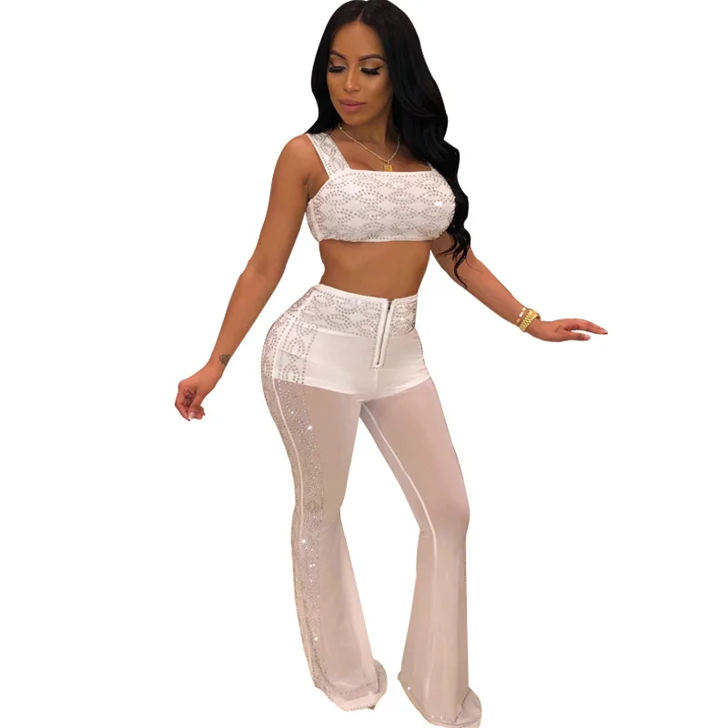 

Women Two Piece Set Sexy Vest Top + Long Pants Geometric Drilling Perspective Female Trouser Suit Nightclub Bodysuit OL Playsuit