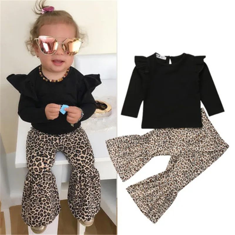 

Toddler Kids Baby Girls clothes Ruffle long sleeve round neck pullover Tops Leopard print Flared Pants 2pc cotton Autumn Outfit