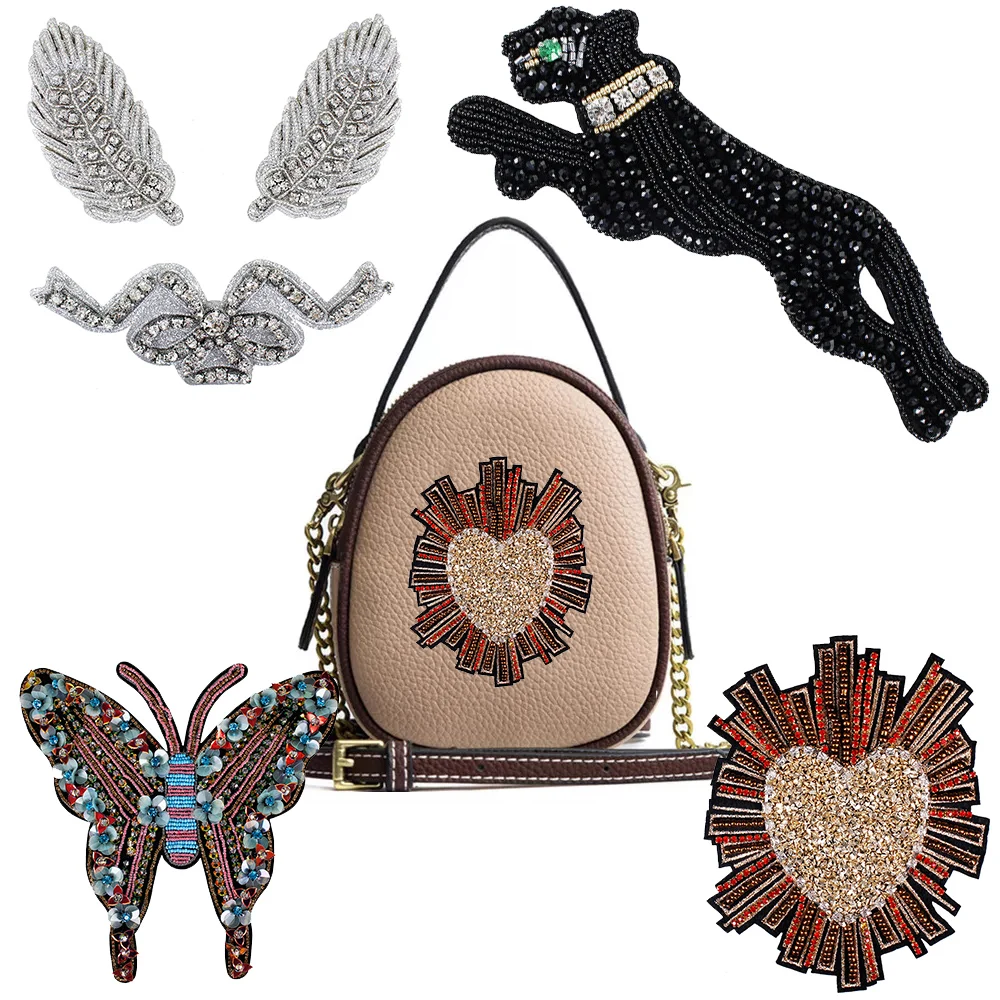 

1PC Handmade Beaded Butterfly Feather Bowknot Leopard Heart Patches for Clothes DIY Sew on Sequin Rhinestone Large Applique