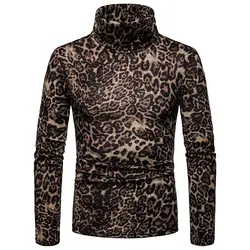 Модные мужские водолазки, мужские свитера, пуловер осень-зима 2019, леопардовая флисовая подкладка, теплая футболка с длинными рукавами