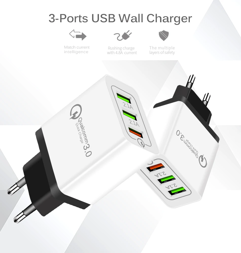 3-Ports USB Charger Quick Charge 3.0 12V1.5A 9V2A Fast Charging for Samsung iPhone iPad Wall Mobile Phone Adapter 1