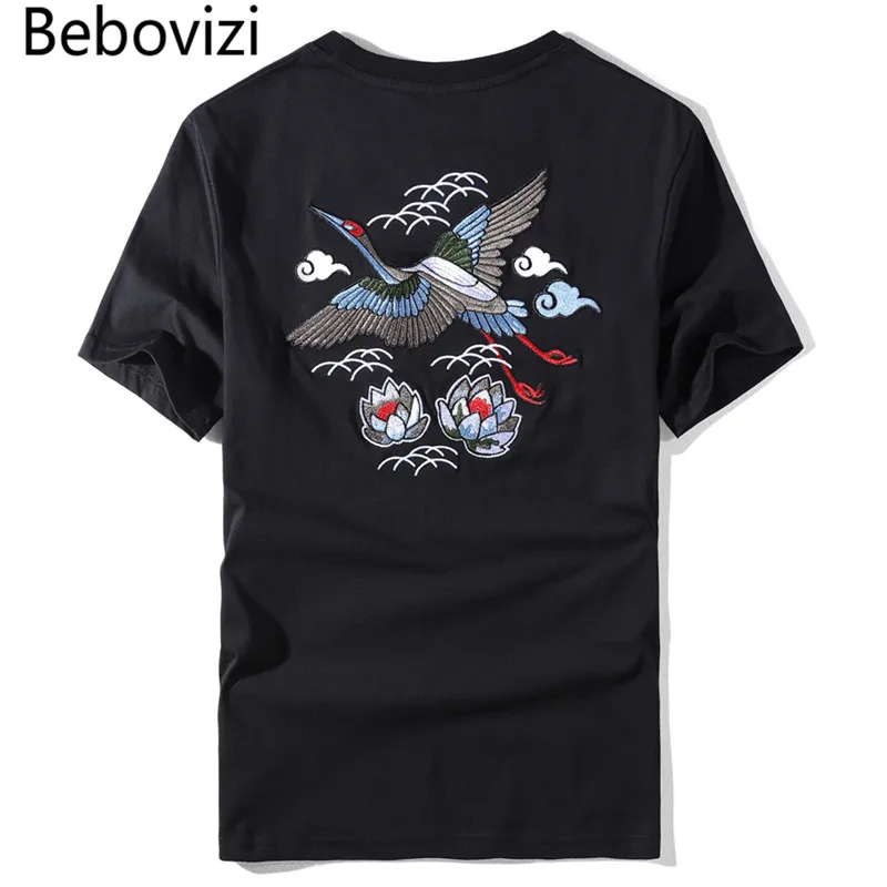 Bebovizi бренд японский стиль журавль Лотос Вышивка Топы тройники Модные мужские