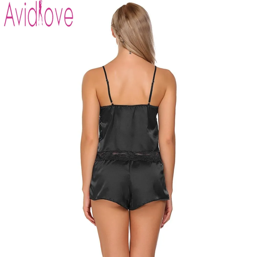 Avidlove Satin Pajama Lingerie Set  Women Top and Short Pyjama Femme Night Sexy Lace Sleepwear Nightwear Suit Homewear Clothes