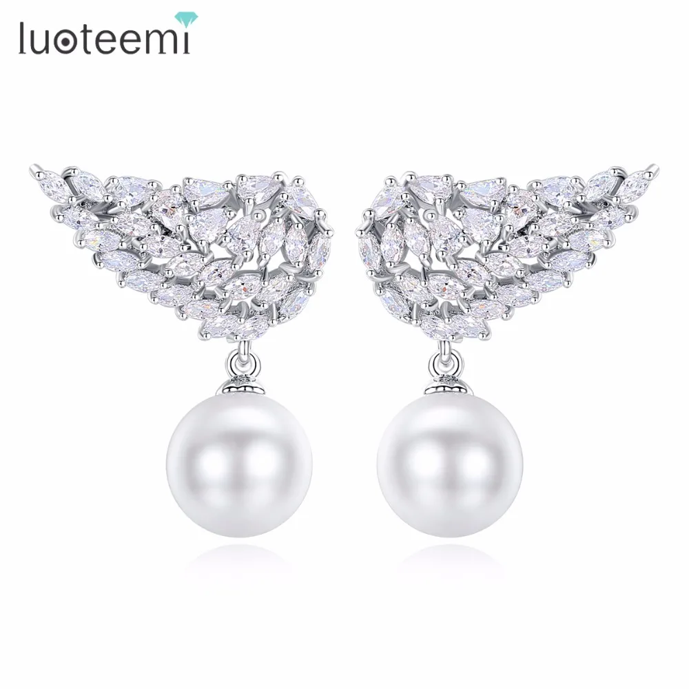 LUOTEEMI новые модные яркие серьги гвоздики в виде крыльев с белым создана жемчужина