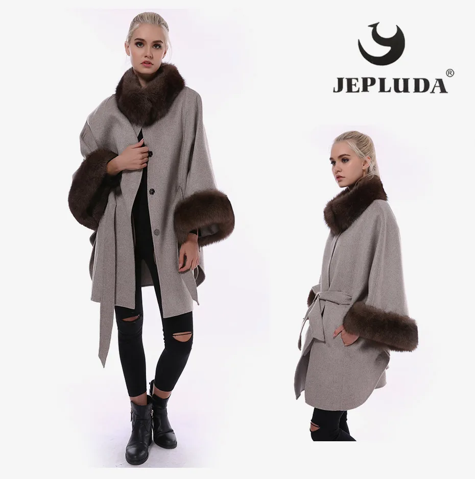 JEPLUDA Женское Пальто Натуральный Мех Лиса Pоскошный Меховой Воротник и Рукава Plus Size Свободные Стиль Кашемировая Куртка Женская с Натуральным Мехом Высокое Содержание Щерсть Пальто Женское Зимнее Большой Pазмер