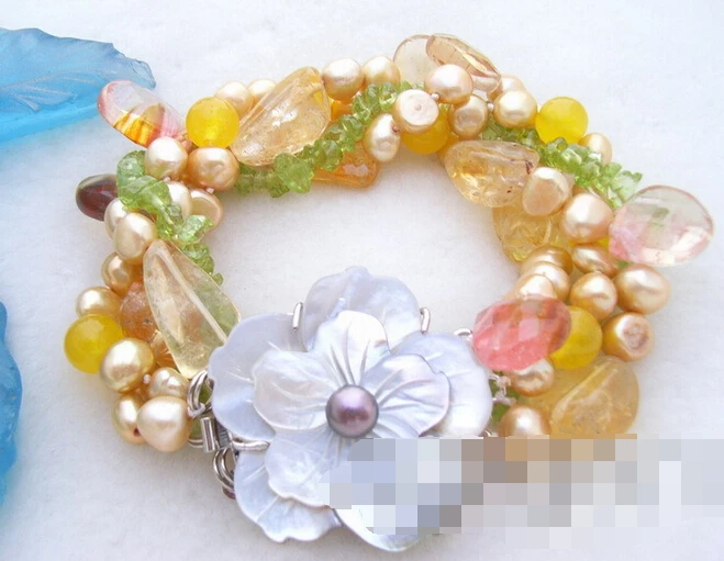 

Hot sell Noble- FREE SHIPPING>>>@@ > 09748 4Strds Champagne Pearl&Citrine&Peridot&Quartz Bracelet