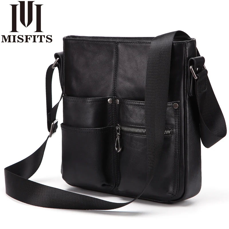 MISFITS Genuine Cow Leather Shoulder Bag Man Fast Ship Durable Soft Multi Pocket Fashion Design Crossbody Messenger Bags As Gift