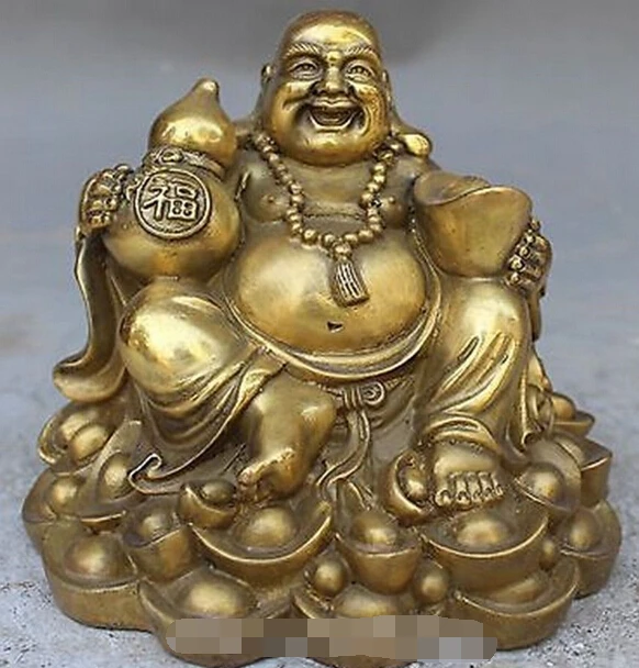 

free 6" China FengShui Wealth YuanBao Bronze Brass happy smile Maitreya Buddha Statue fast