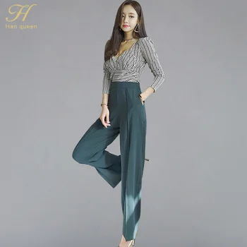 

H Han Queen 2018 Autumn New Women's Sexy Striped V-neck Shirt Crop Top & Solid Wide Leg Long Pants OL Korean 2-piece Set Suits