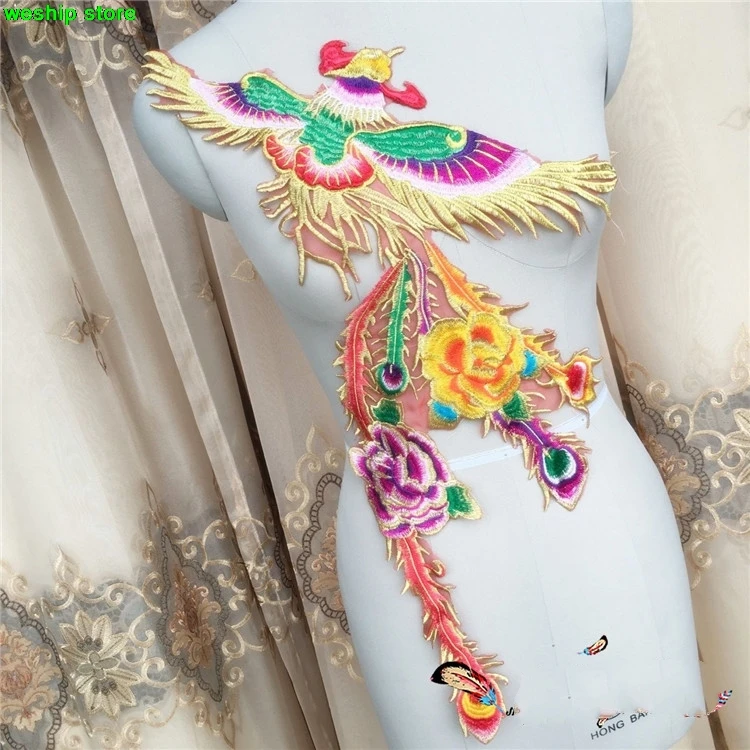 Высококачественная супер Великолепная кружевная вышивка цвета Феникс патчи Золотой/красный/синий пряжа Eugen аппликация для DIY свадебное платье