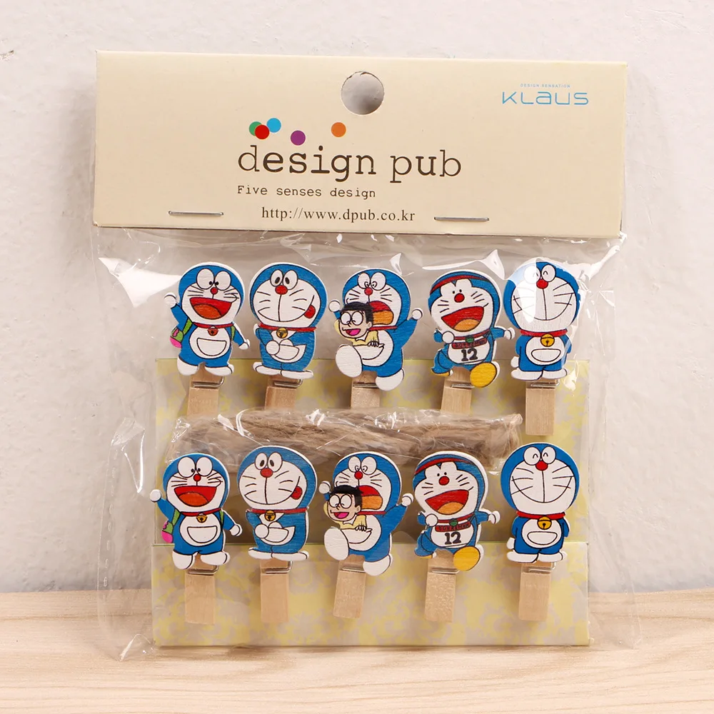 

10 pcs/lot Kawaii Doraemon Wooden Clip Photo paper Clothespin Craft Clips Party Decoration Clip with Hemp Rope