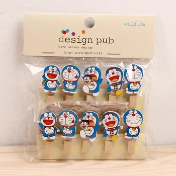 

10 pcs/lot Kawaii Doraemon Wooden Clip Photo paper Clothespin Craft Clips Party Decoration Clip with Hemp Rope