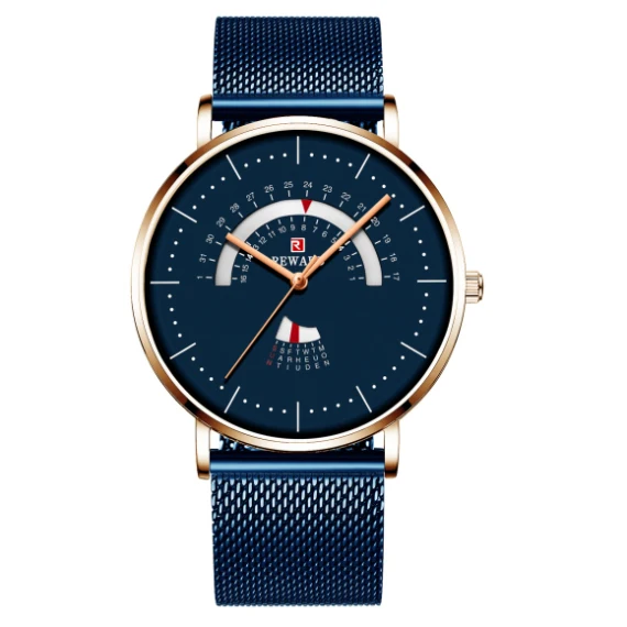 Роскошные мужские часы от ведущего бренда, водонепроницаемые мужские часы с сетчатым ремешком, часы с календарем и неделей, мужские модные часы синего цвета - Цвет: blue