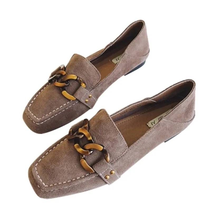 

2018 single shoes women's leather matte leather retro metal chain square flat lazy shoes peas shoes a pedal