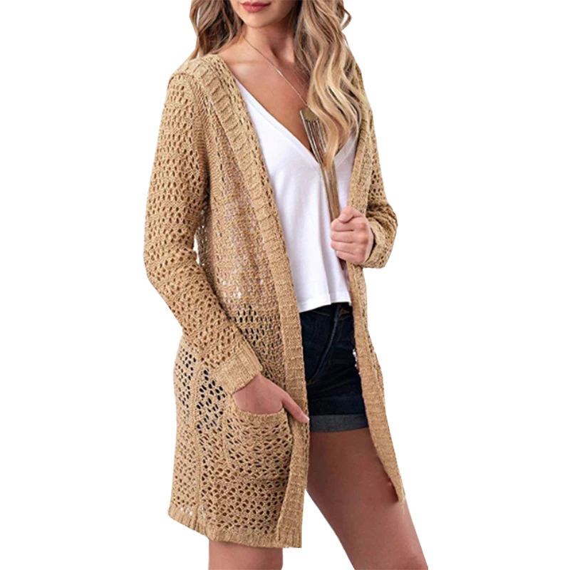 

Long cardgin Sweater women 2018 new hot autumn and winter hooded openwork knit solid color sweater cardigan vestidos MMY66836