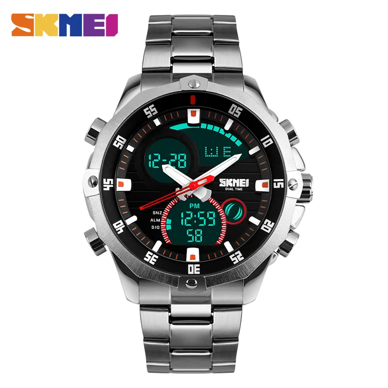 

SKMEI Men Quartz Watch Waterproof LED Digital Alarm Wristwatches Stainless Steel Strap Sports Watches Relogio Masculino