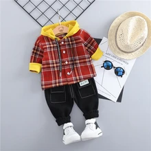 HYLKIDHUOSE/Коллекция года, весенние комплекты одежды для малышей комплекты одежды для маленьких мальчиков клетчатая рубашка с капюшоном и штаны Детский костюм